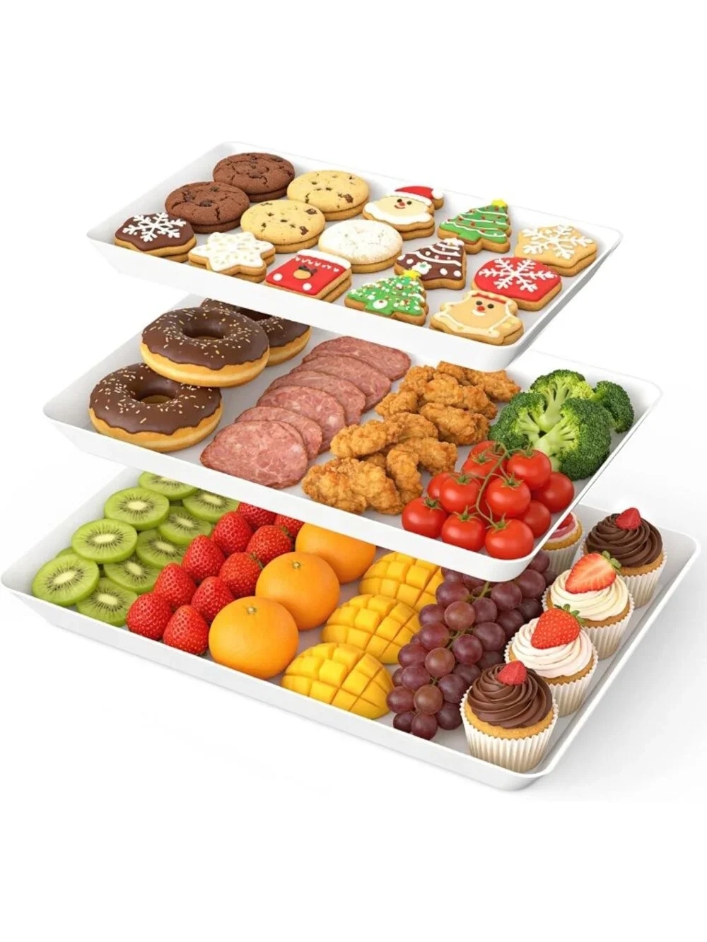 3 Pack White Rectangular Serving Trays - Large Reusable Platters for Party